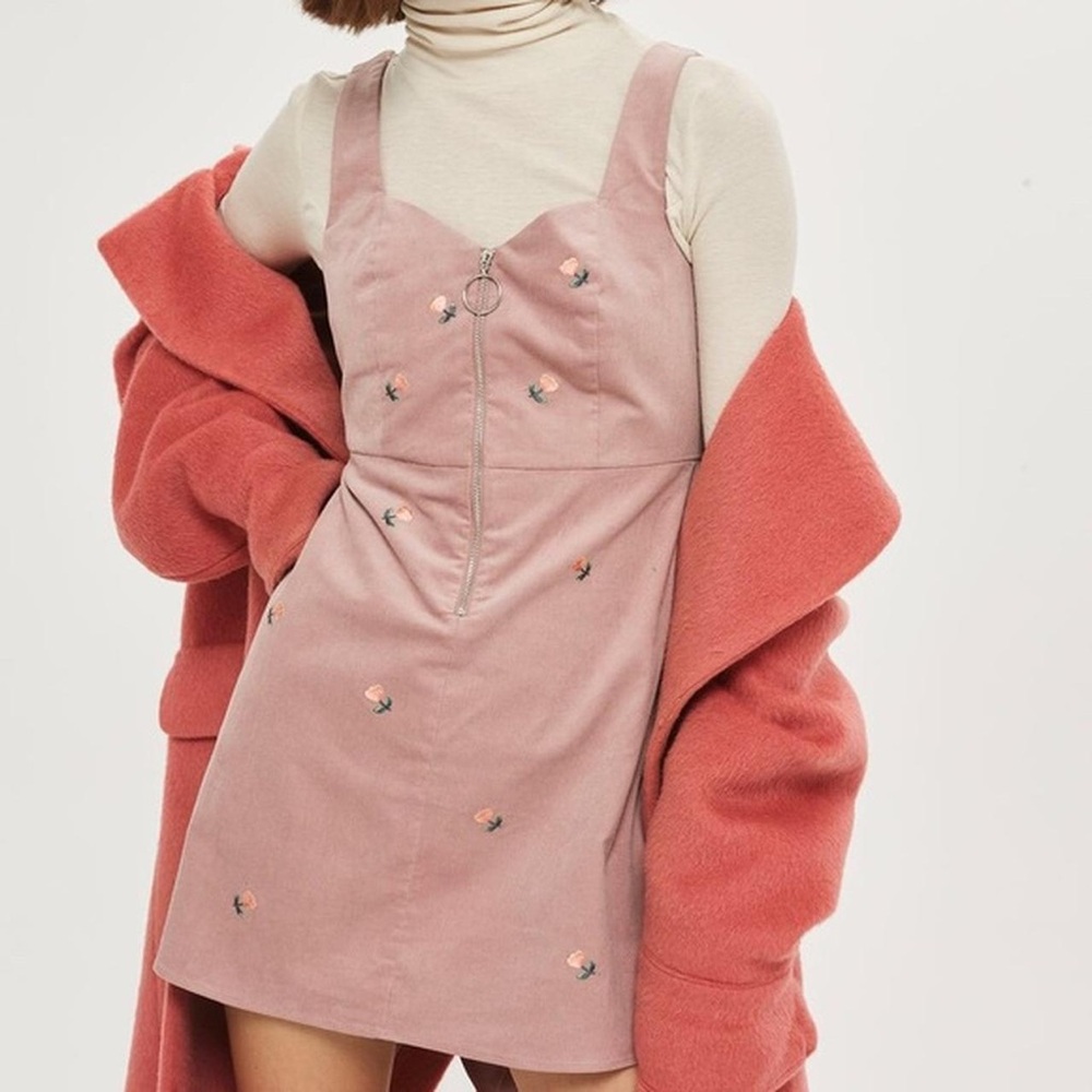Topshop blush sleeveless corduroy zip up front mini dress floral embroidery